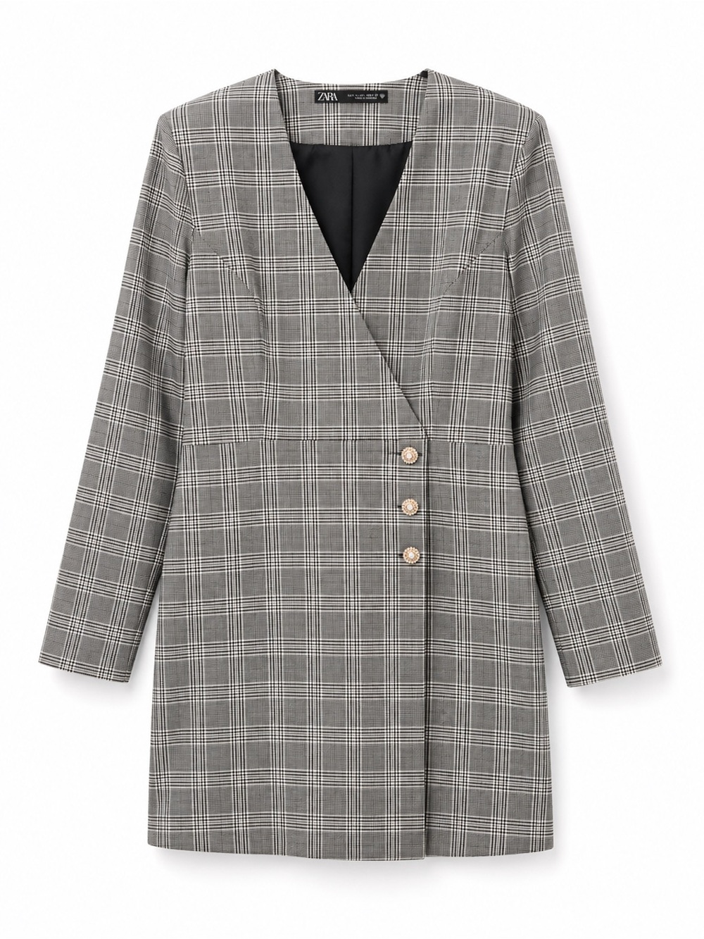 Zara Plaid Blazer Mini Dress L Jeweled Buttons Padded Shoulders NWT